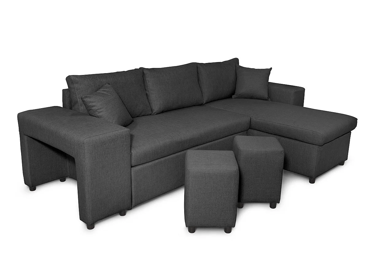 Canapé d'angle convertible 7 places avec pouf en tissu gris anthracite MADY