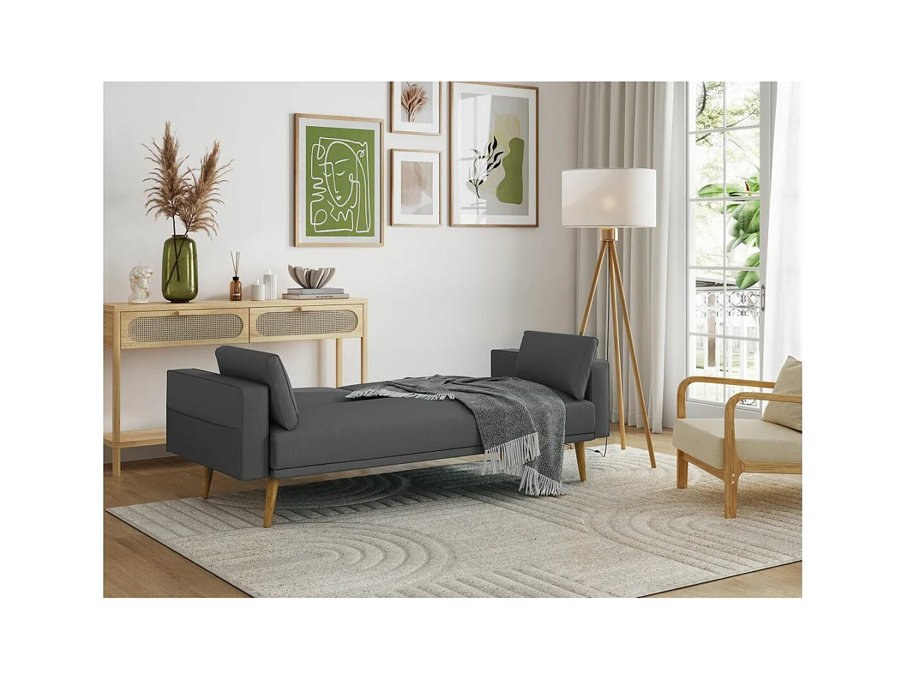 Canapé droit scandinave Elga convertible 3 places en tissu - Gris anthracite - L205 x 87 x 85cm - Loungitude