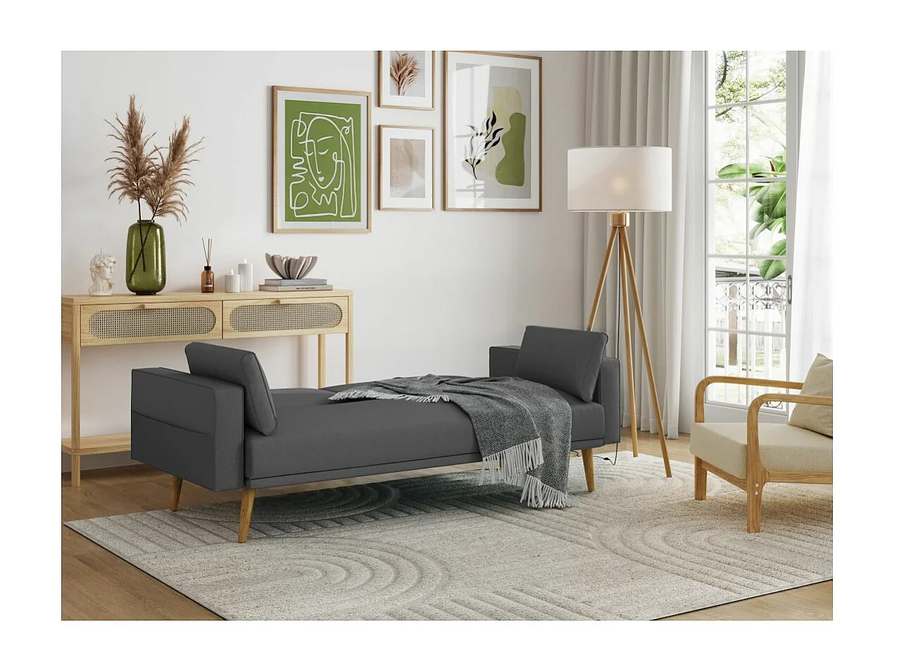 Canapé droit scandinave Elga convertible 3 places en tissu - Gris anthracite - L205 x 87 x 85cm - Loungitude