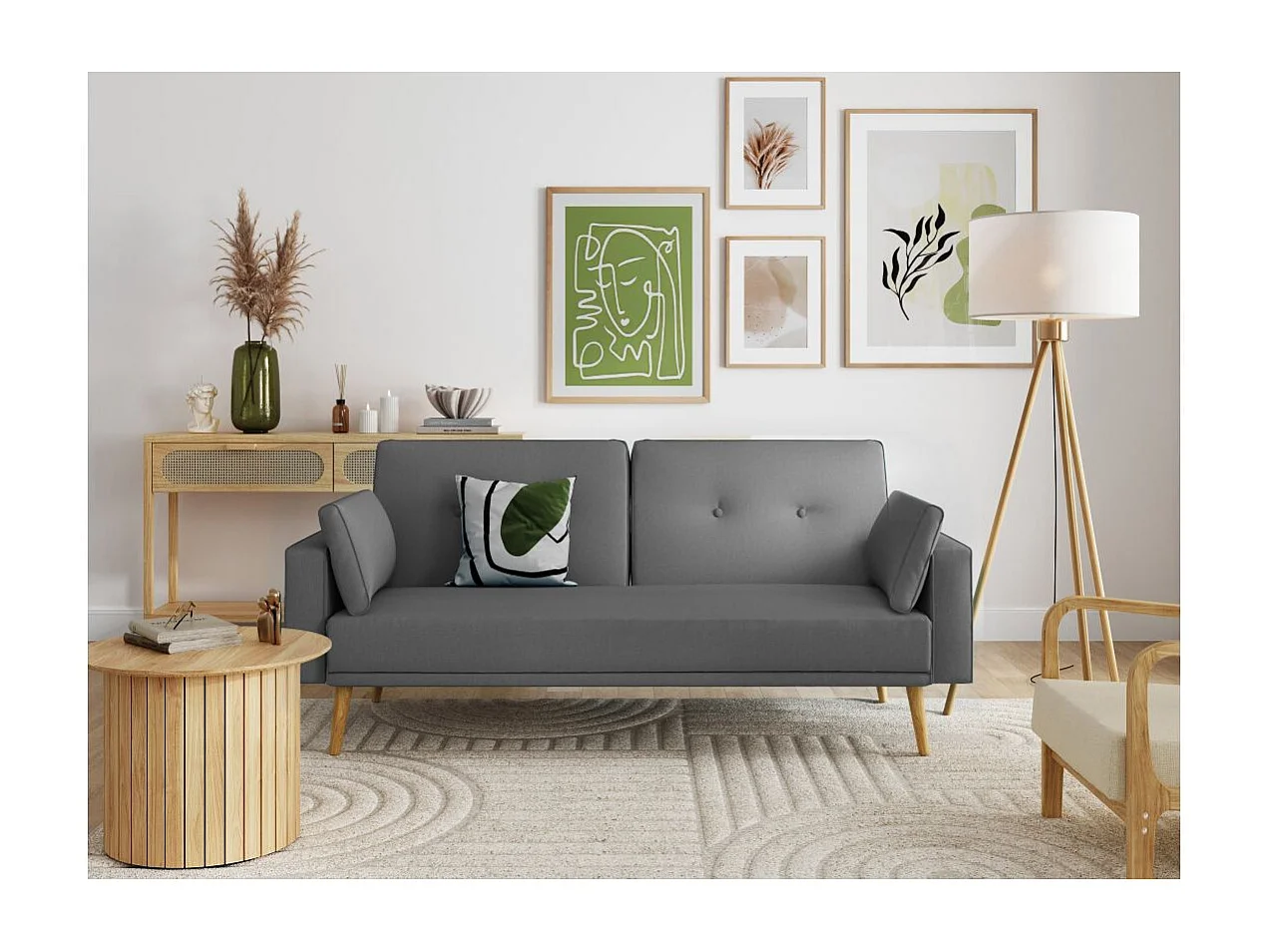Canapé droit scandinave Elga convertible 3 places en tissu - Gris anthracite - L205 x 87 x 85cm - Loungitude