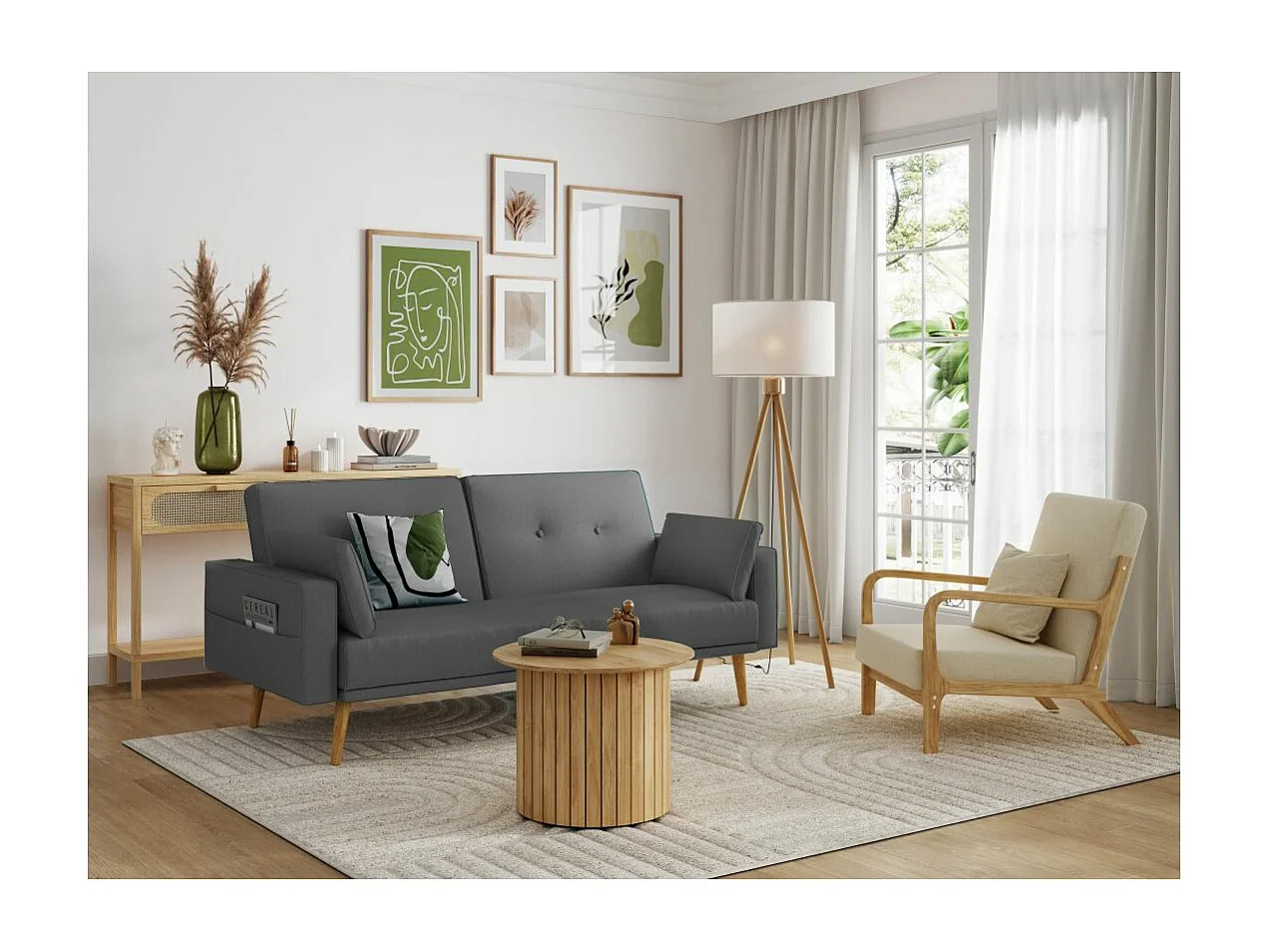 Canapé droit scandinave Elga convertible 3 places en tissu - Gris anthracite - L205 x 87 x 85cm - Loungitude