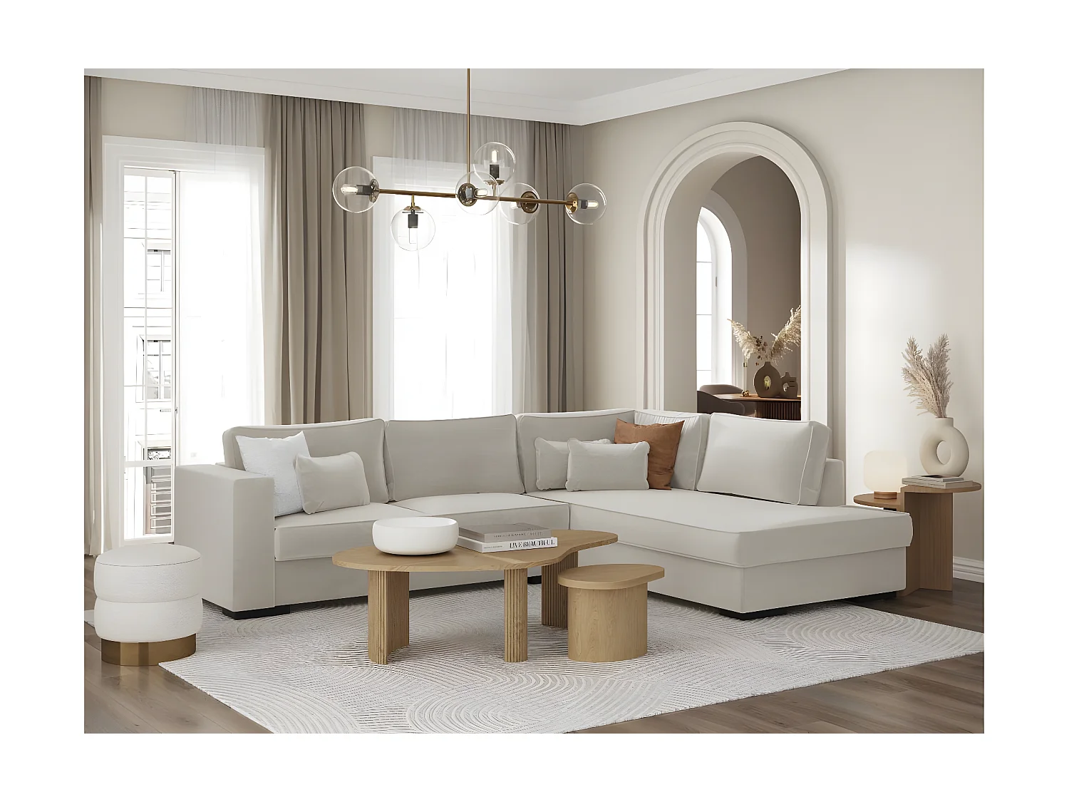 Canapé d'angle droit XXL Belami 6 places en tissu - Beige - L303 x 228 x 86cm - Loungitude