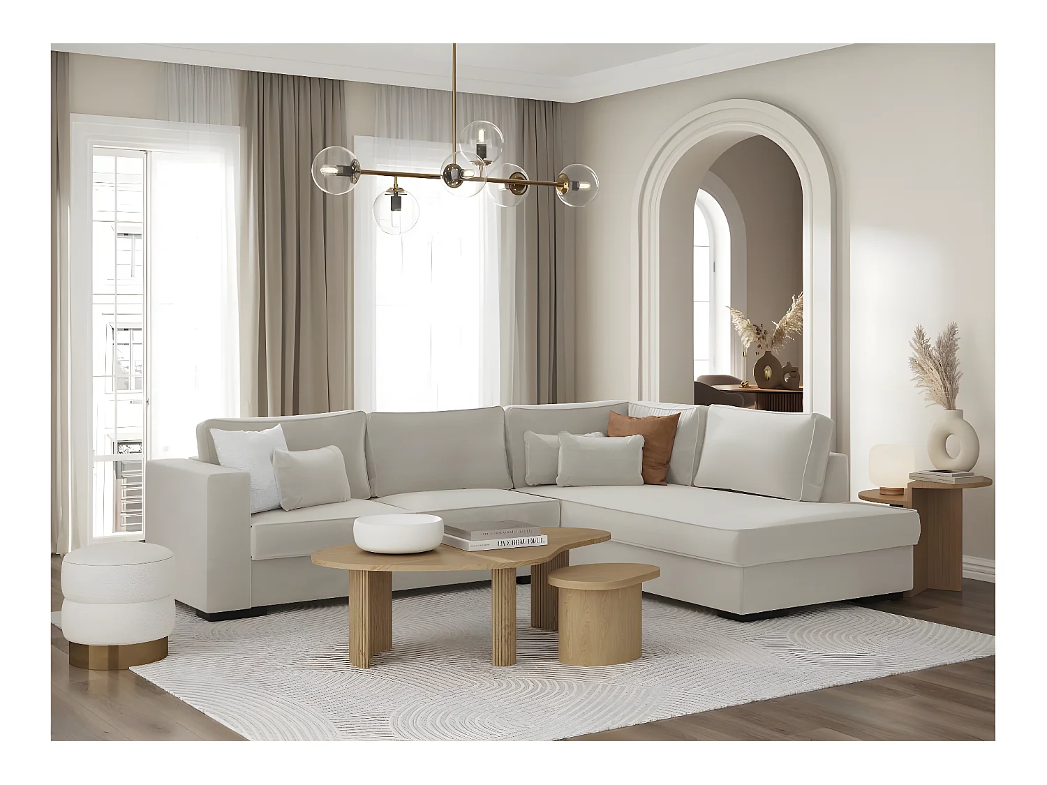 Canapé d'angle droit XXL Belami 6 places en tissu - Beige - L303 x 228 x 86cm - Loungitude