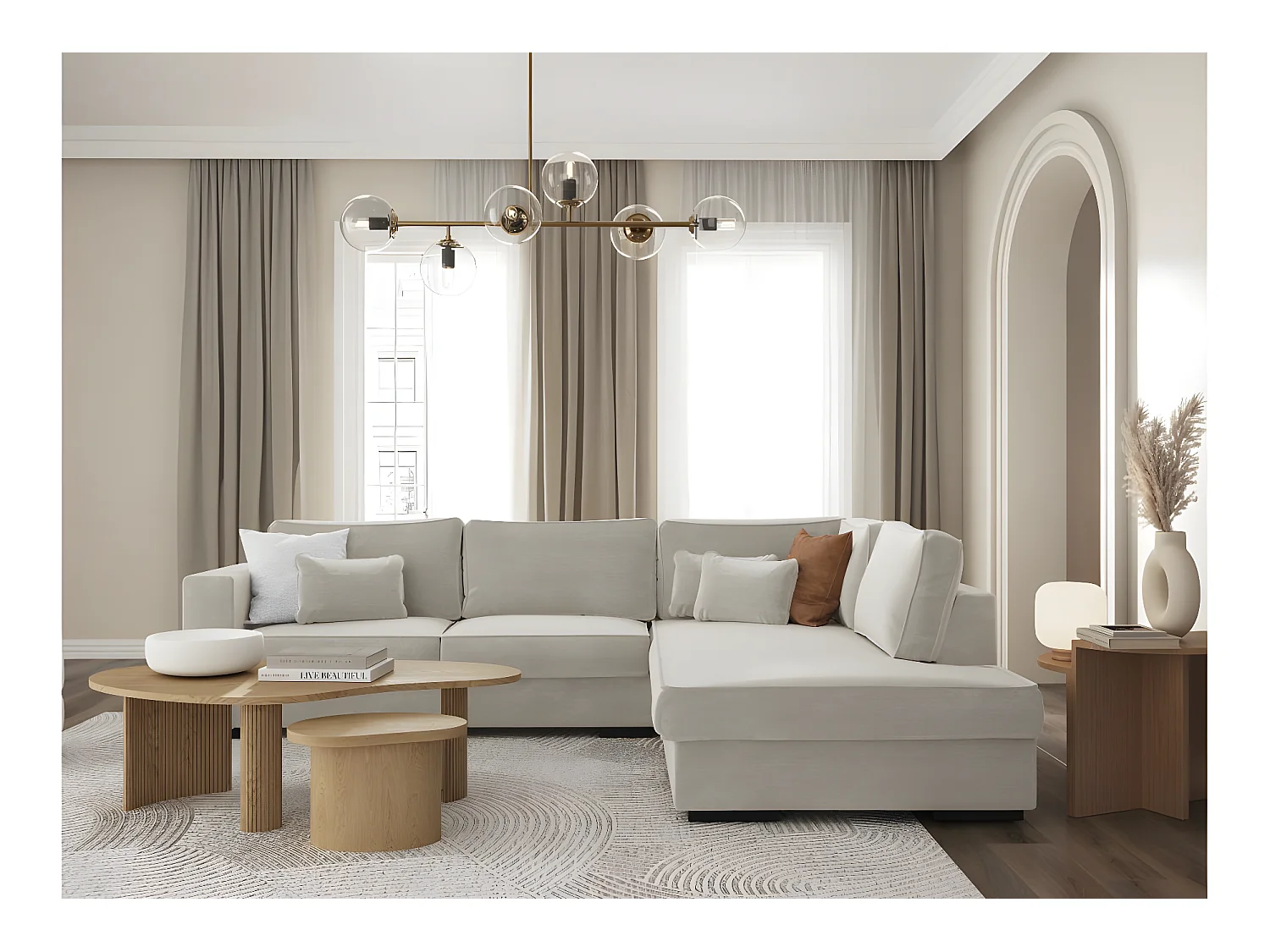 Canapé d'angle droit XXL Belami 6 places en tissu - Beige - L303 x 228 x 86cm - Loungitude