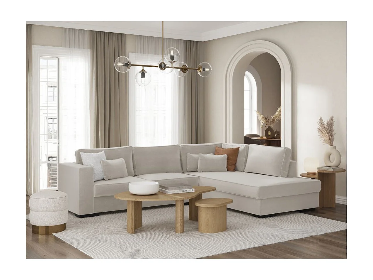 Canapé d'angle droit XXL Belami 6 places en tissu - Beige - L303 x 228 x 86cm - Loungitude