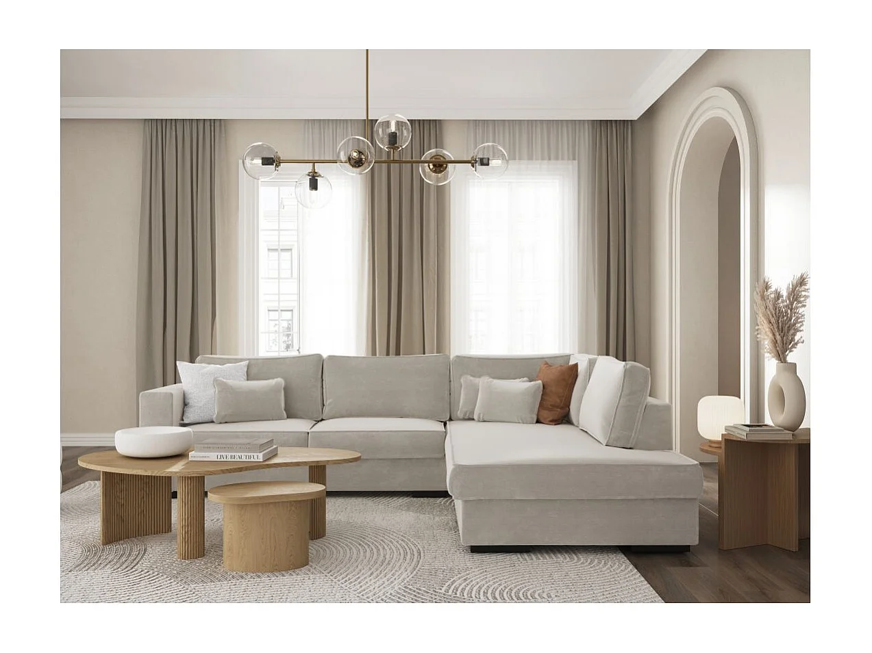 Canapé d'angle droit XXL Belami 6 places en tissu - Beige - L303 x 228 x 86cm - Loungitude