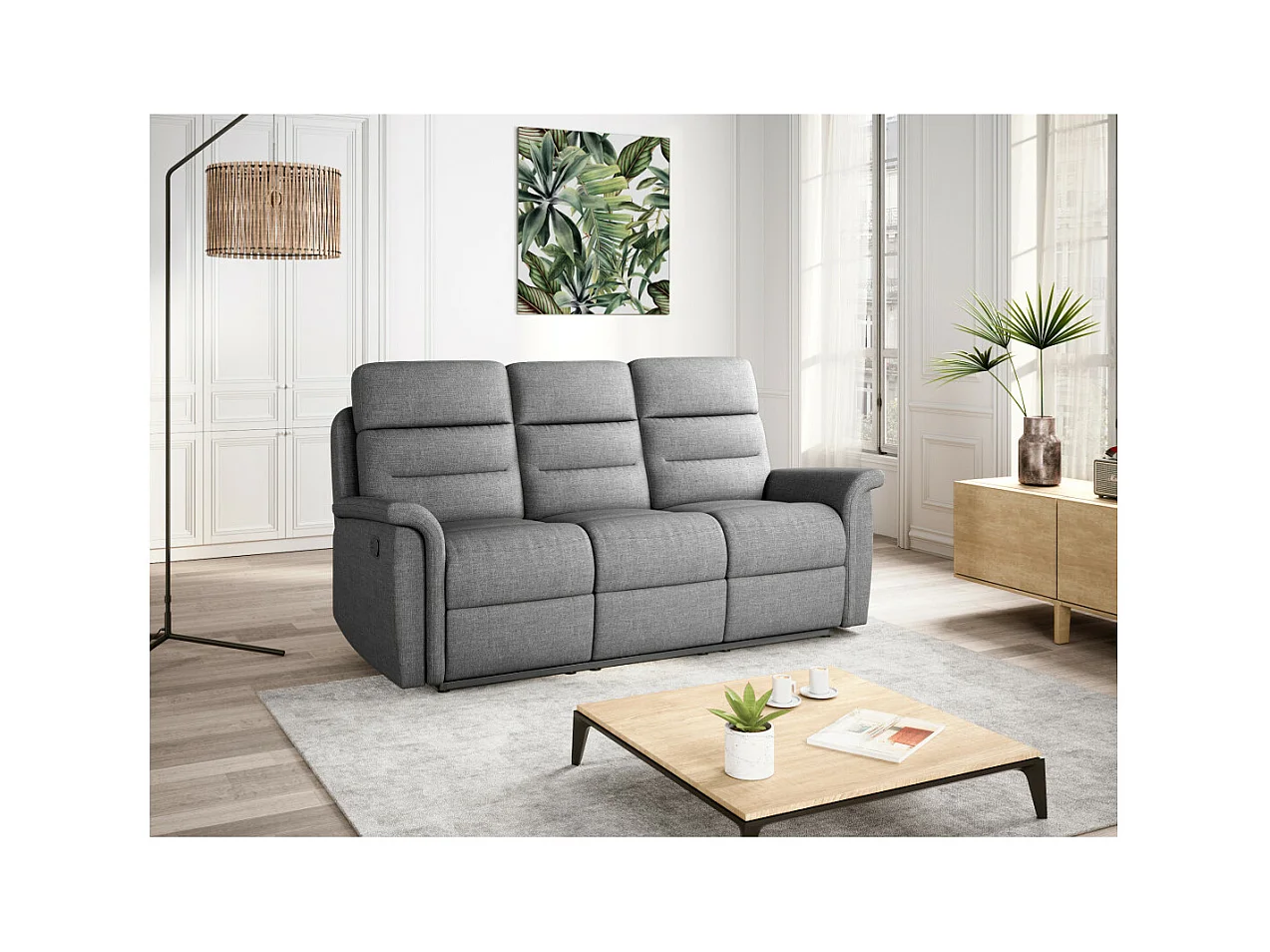 Canapé de Relaxation 3 places en Tissu Gris Léon - Gris clair - L191 x 94 x 100cm - Loungitude