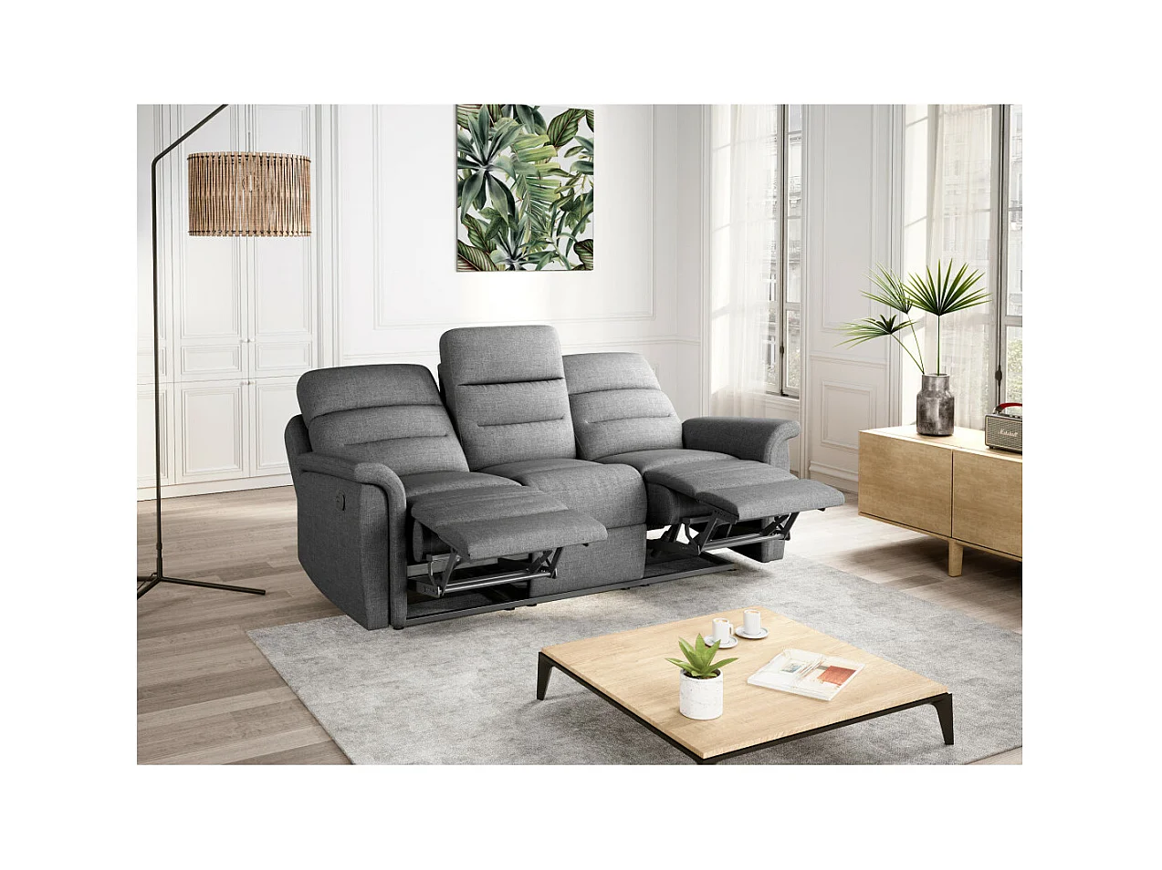 Canapé de Relaxation 3 places en Tissu Gris Léon - Gris clair - L191 x 94 x 100cm - Loungitude
