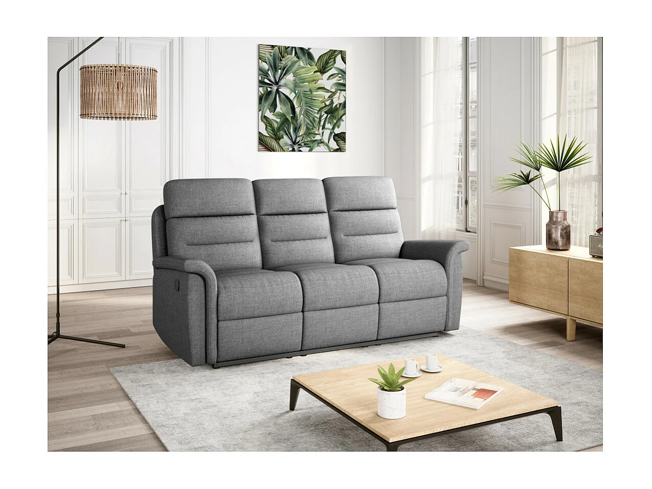 Canapé de Relaxation 3 places en Tissu Gris Léon - Gris clair - L191 x 94 x 100cm - Loungitude