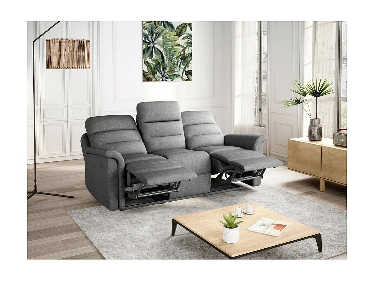 Canapé de Relaxation 3 places en Tissu Gris Léon - Gris clair - L191 x 94 x 100cm - Loungitude