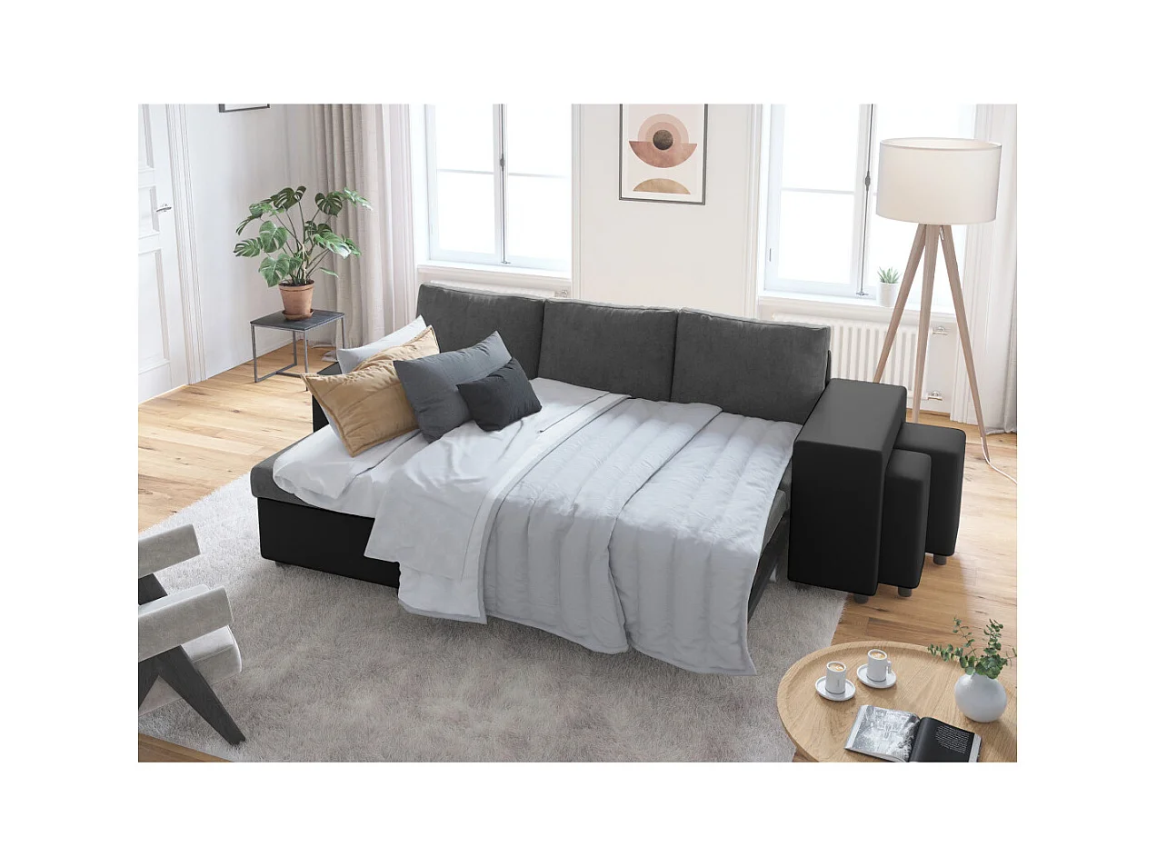 Canapé d'angle 3 places réversible Oslo avec coffre et poufs droit en bi-matière - Noir/Gris - L241 x P146 x H81cm - Loungitude