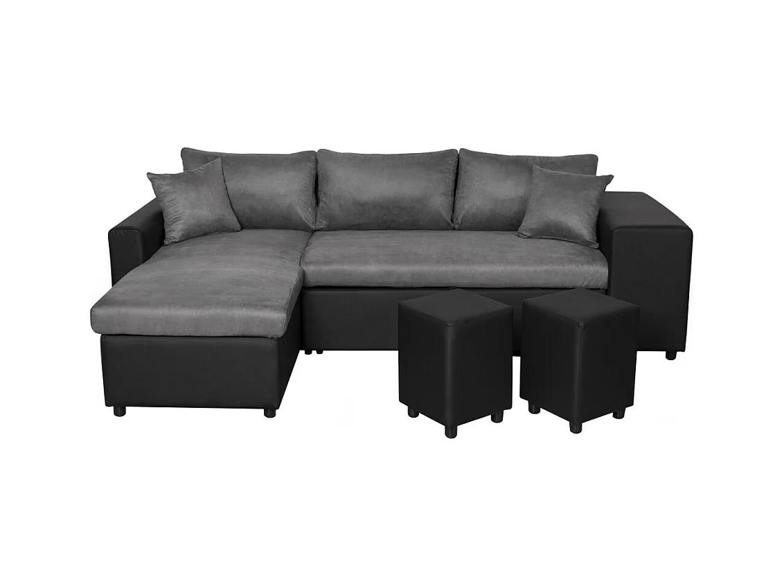 Canapé d'angle 3 places réversible Oslo avec coffre et poufs droit en bi-matière - Noir/Gris - L241 x P146 x H81cm - Loungitude