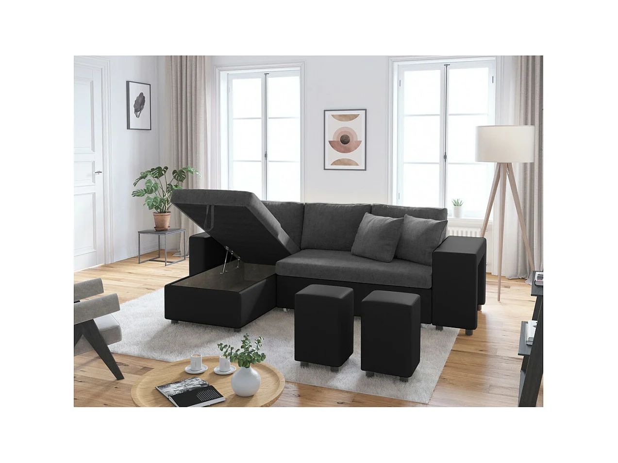 Canapé d'angle 3 places réversible Oslo avec coffre et poufs droit en bi-matière - Noir/Gris - L241 x P146 x H81cm - Loungitude