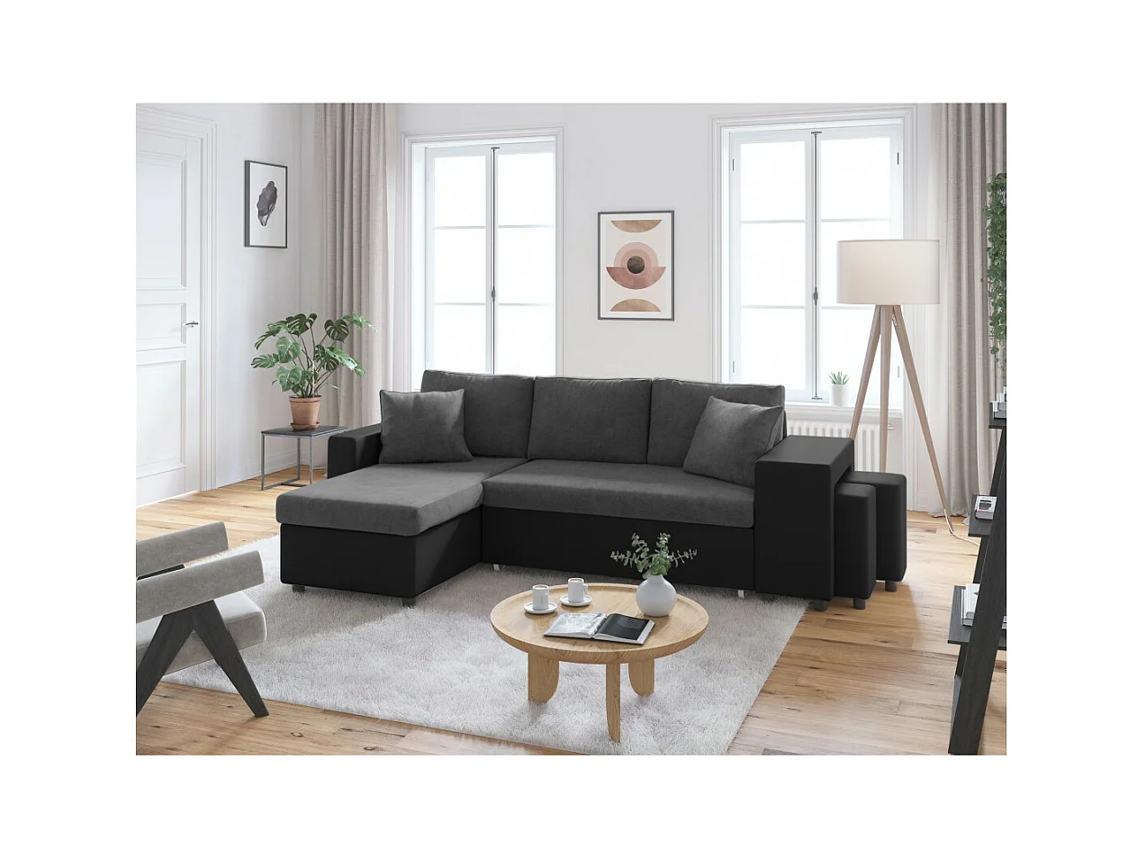 Canapé d'angle 3 places réversible Oslo avec coffre et poufs droit en bi-matière - Noir/Gris - L241 x P146 x H81cm - Loungitude