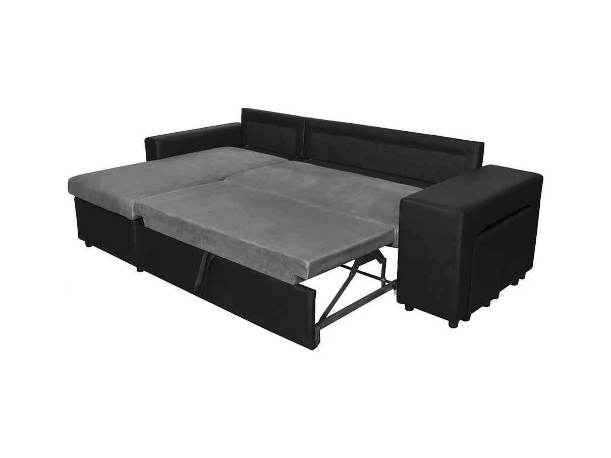 Canapé d'angle 3 places réversible Oslo avec coffre et poufs droit en bi-matière - Noir/Gris - L241 x P146 x H81cm - Loungitude