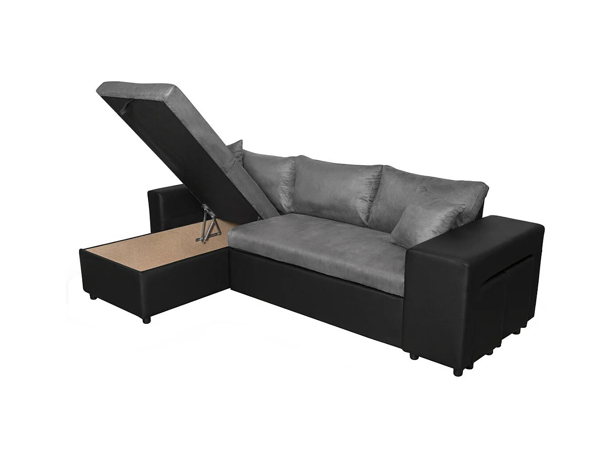 Canapé d'angle 3 places réversible Oslo avec coffre et poufs droit en bi-matière - Noir/Gris - L241 x P146 x H81cm - Loungitude