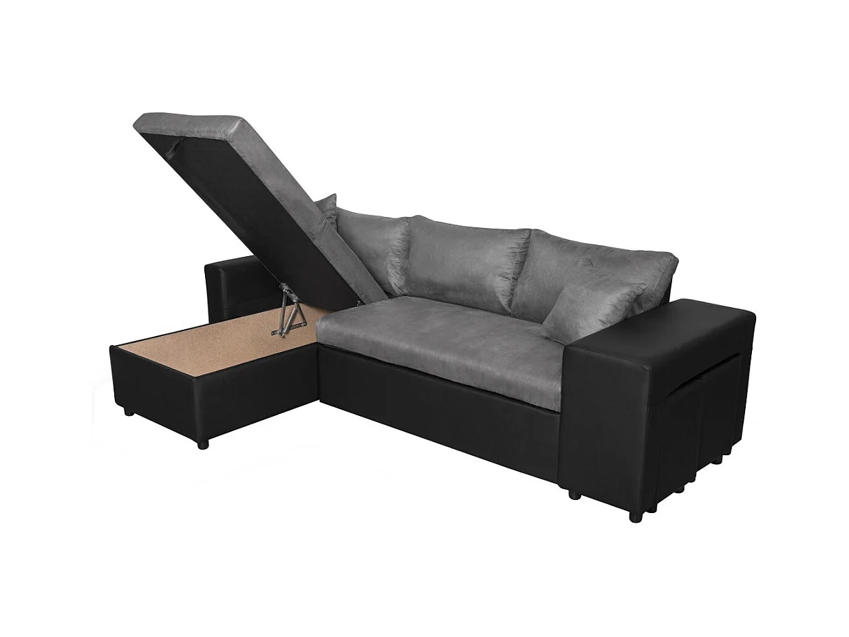 Canapé d'angle 3 places réversible Oslo avec coffre et poufs droit en bi-matière - Noir/Gris - L241 x P146 x H81cm - Loungitude
