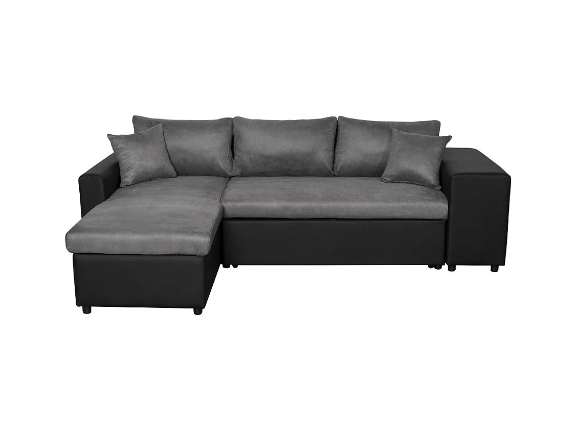 Canapé d'angle 3 places réversible Oslo avec coffre et poufs droit en bi-matière - Noir/Gris - L241 x P146 x H81cm - Loungitude