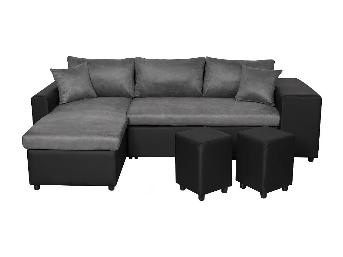 Canapé d'angle 3 places réversible Oslo avec coffre et poufs droit en bi-matière - Noir/Gris - L241 x P146 x H81cm - Loungitude