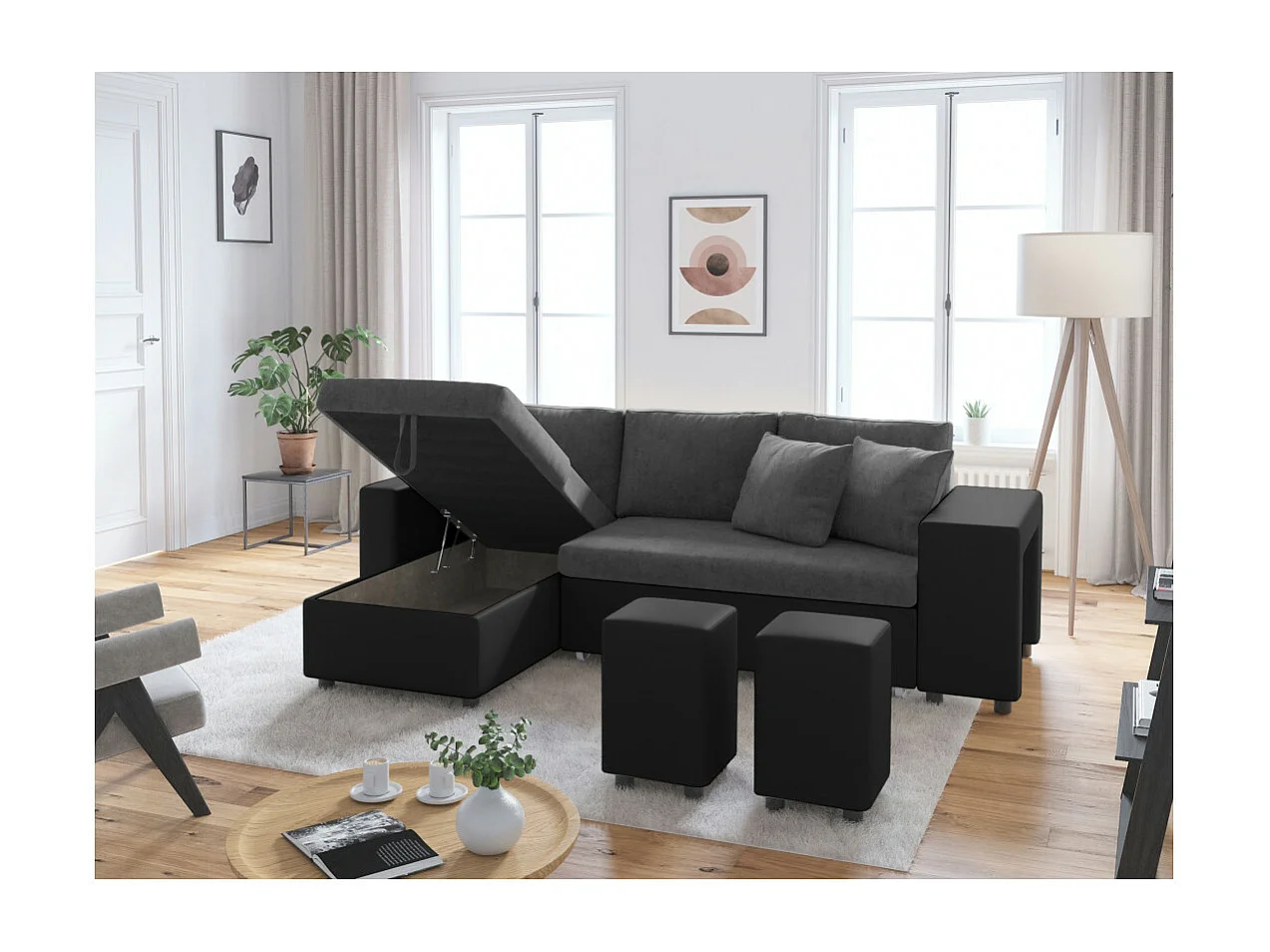 Canapé d'angle 3 places réversible Oslo avec coffre et poufs droit en bi-matière - Noir/Gris - L241 x P146 x H81cm - Loungitude