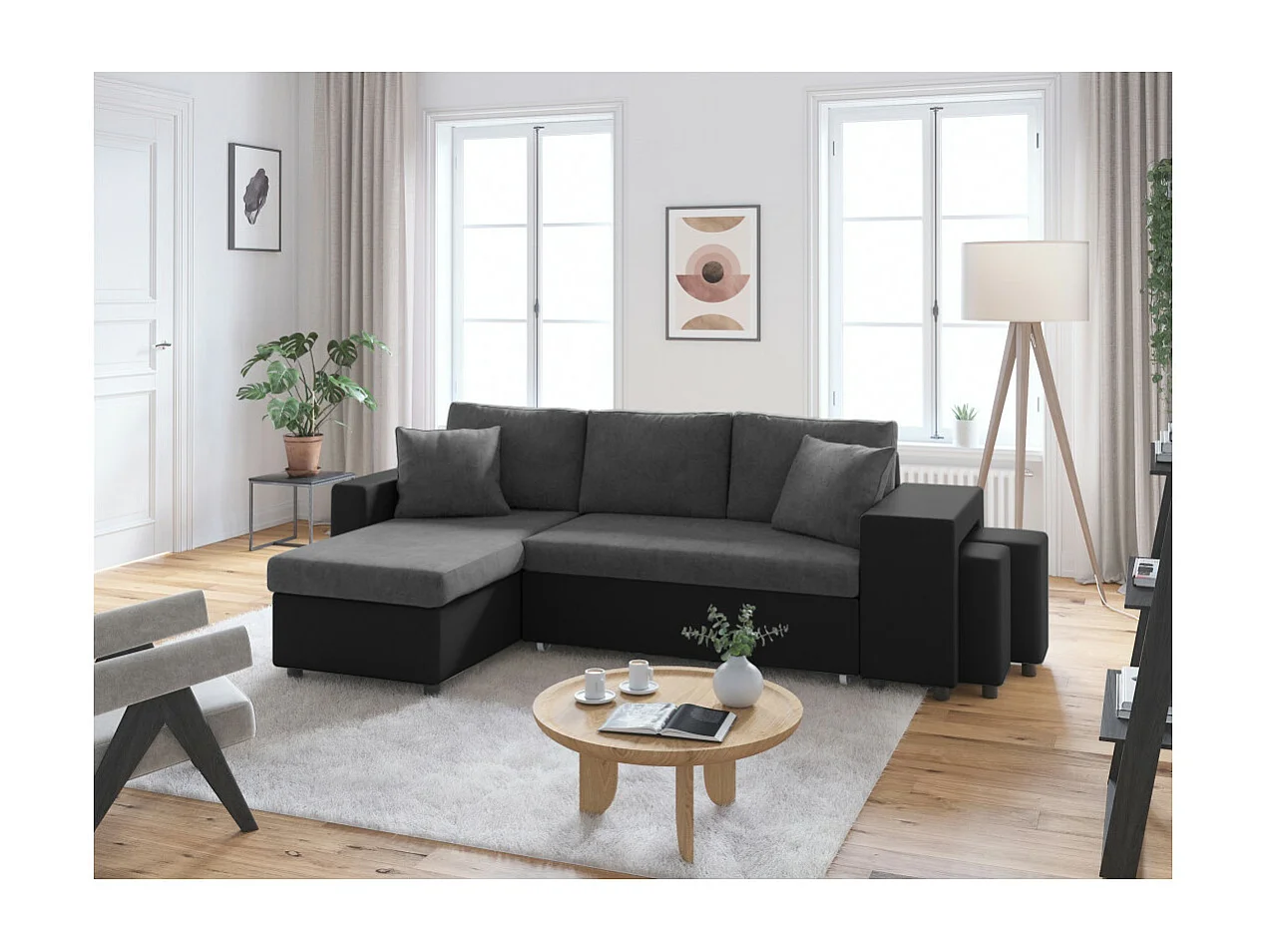 Canapé d'angle 3 places réversible Oslo avec coffre et poufs droit en bi-matière - Noir/Gris - L241 x P146 x H81cm - Loungitude
