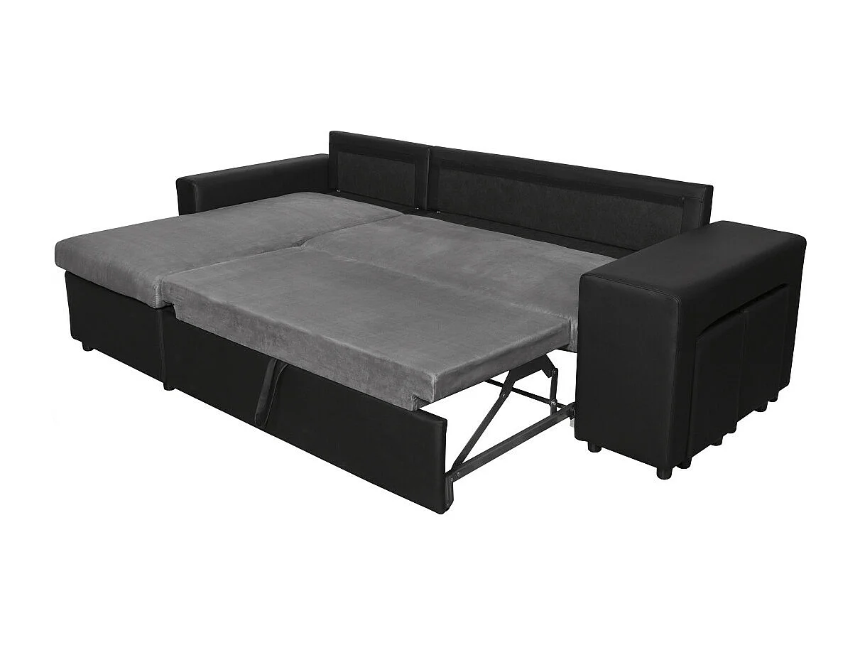 Canapé d'angle 3 places réversible Oslo avec coffre et poufs droit en bi-matière - Noir/Gris - L241 x P146 x H81cm - Loungitude