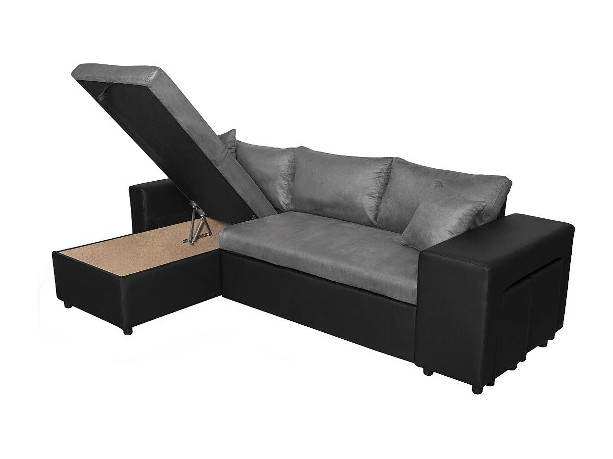 Canapé d'angle 3 places réversible Oslo avec coffre et poufs droit en bi-matière - Noir/Gris - L241 x P146 x H81cm - Loungitude