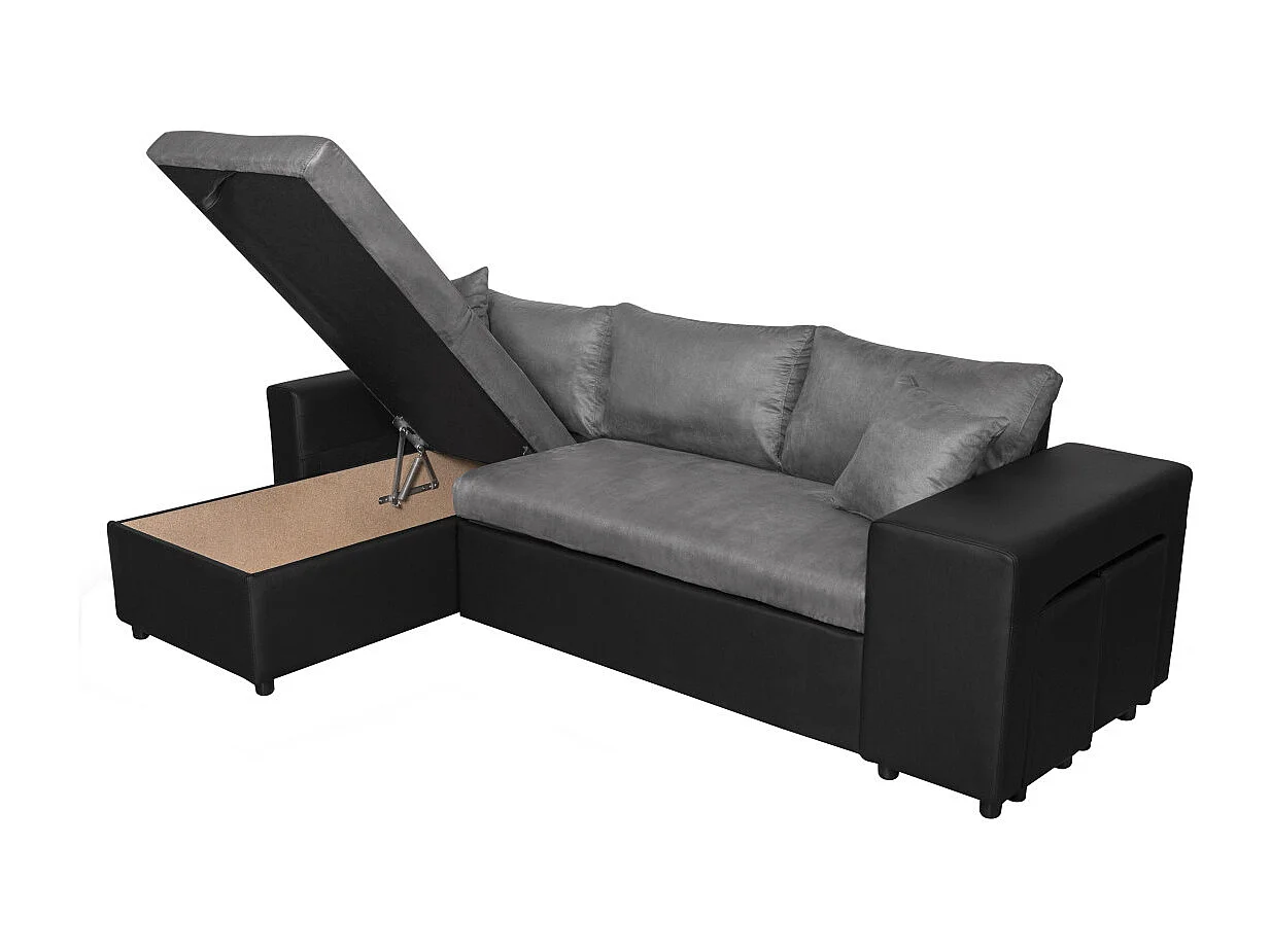 Canapé d'angle 3 places réversible Oslo avec coffre et poufs droit en bi-matière - Noir/Gris - L241 x P146 x H81cm - Loungitude