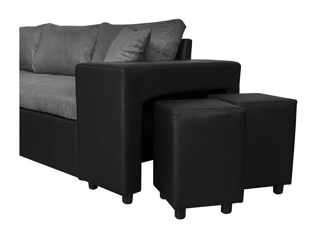 Canapé d'angle 3 places réversible Oslo avec coffre et poufs droit en bi-matière - Noir/Gris - L241 x P146 x H81cm - Loungitude