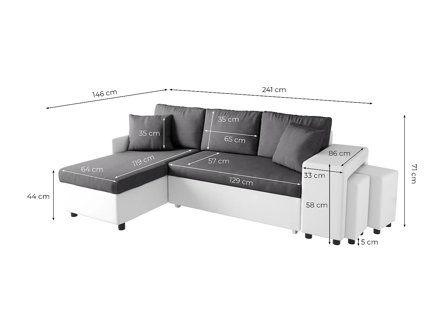 Canapé d'angle 3 places réversible Oslo avec coffre et poufs droit en bi-matière - Noir/Gris - L241 x P146 x H81cm - Loungitude