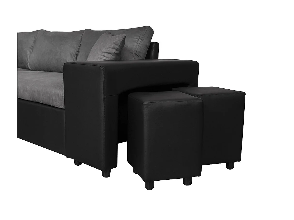 Canapé d'angle 3 places réversible Oslo avec coffre et poufs droit en bi-matière - Noir/Gris - L241 x P146 x H81cm - Loungitude