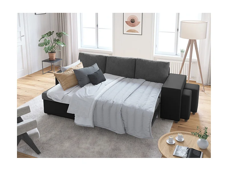 Canapé d'angle 3 places réversible Oslo avec coffre et poufs droit en bi-matière - Noir/Gris - L241 x P146 x H81cm - Loungitude