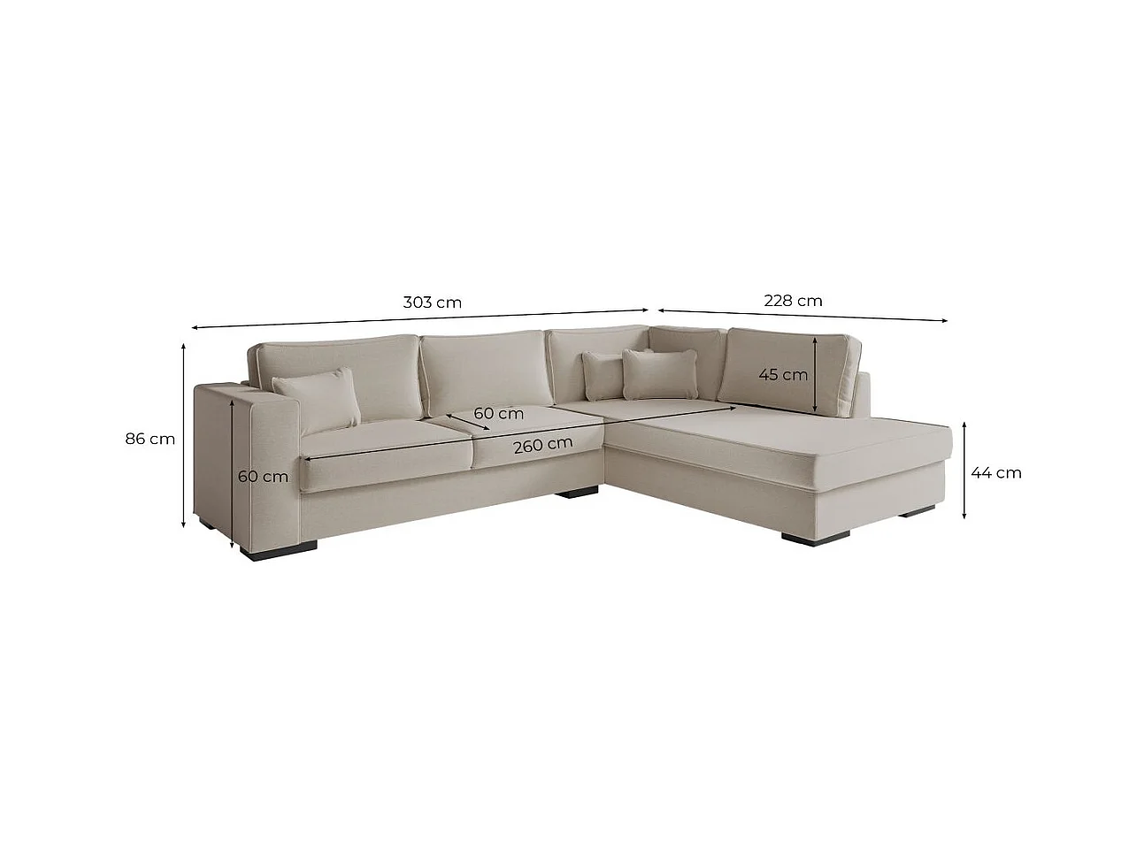 Canapé d'angle gauche XXL 6 places Belami en tissu - Gris clair - L303 x 228 x 86cm - Loungitude