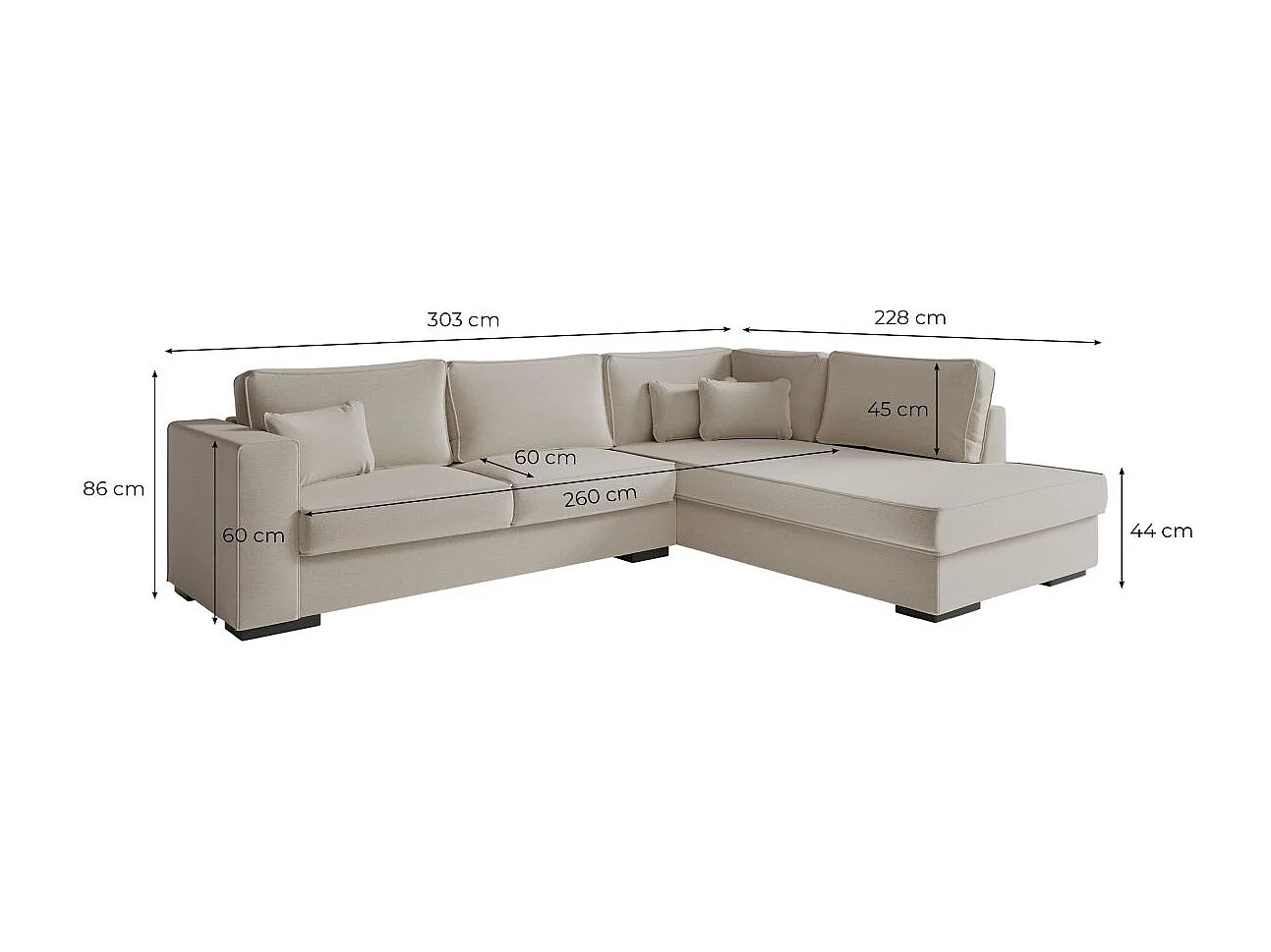 Canapé d'angle gauche XXL 6 places Belami en tissu - Gris clair - L303 x 228 x 86cm - Loungitude