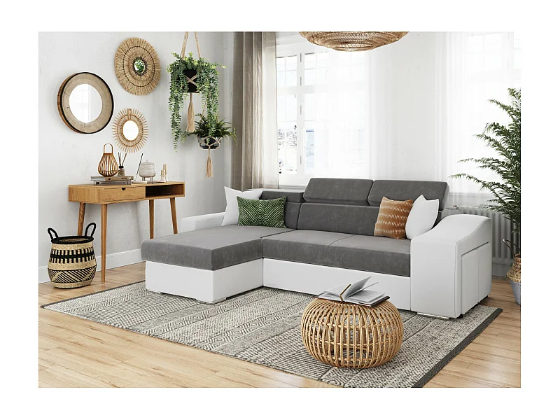 Canapé d'angle Elona convertible bi-matière Blanc et Gris avec poufs de rangement à droite - L264 x P162 x H75cm - Loungitude