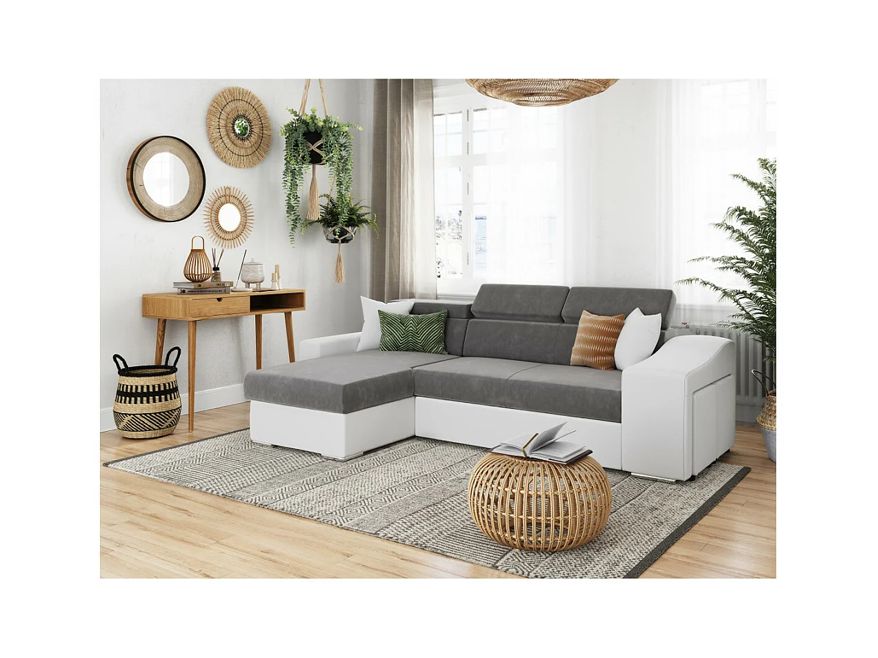 Canapé d'angle Elona convertible bi-matière Blanc et Gris avec poufs de rangement à droite - L264 x P162 x H75cm - Loungitude