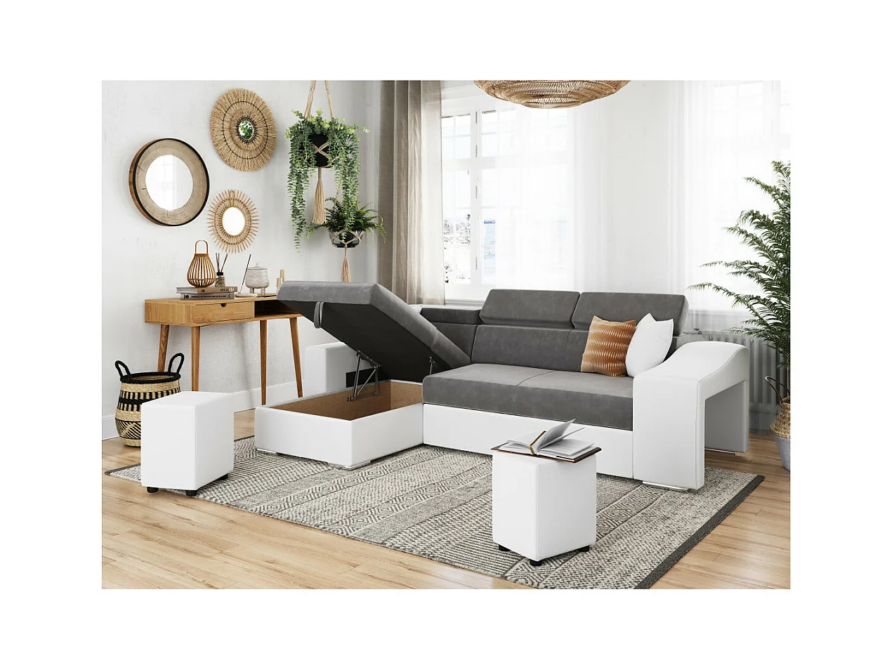 Canapé d'angle Elona convertible bi-matière Blanc et Gris avec poufs de rangement à droite - L264 x P162 x H75cm - Loungitude