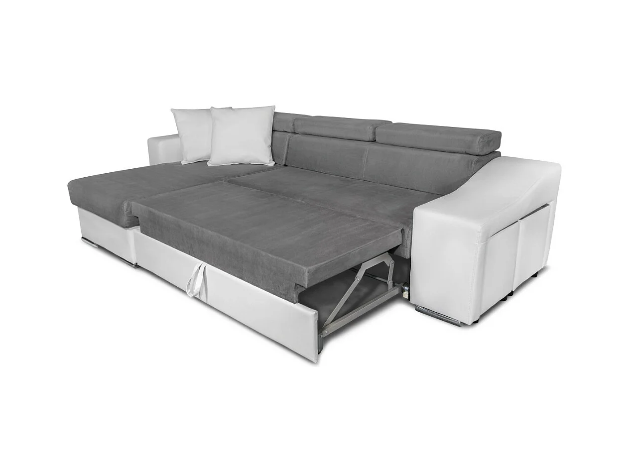 Canapé d'angle Elona convertible bi-matière Blanc et Gris avec poufs de rangement à droite - L264 x P162 x H75cm - Loungitude