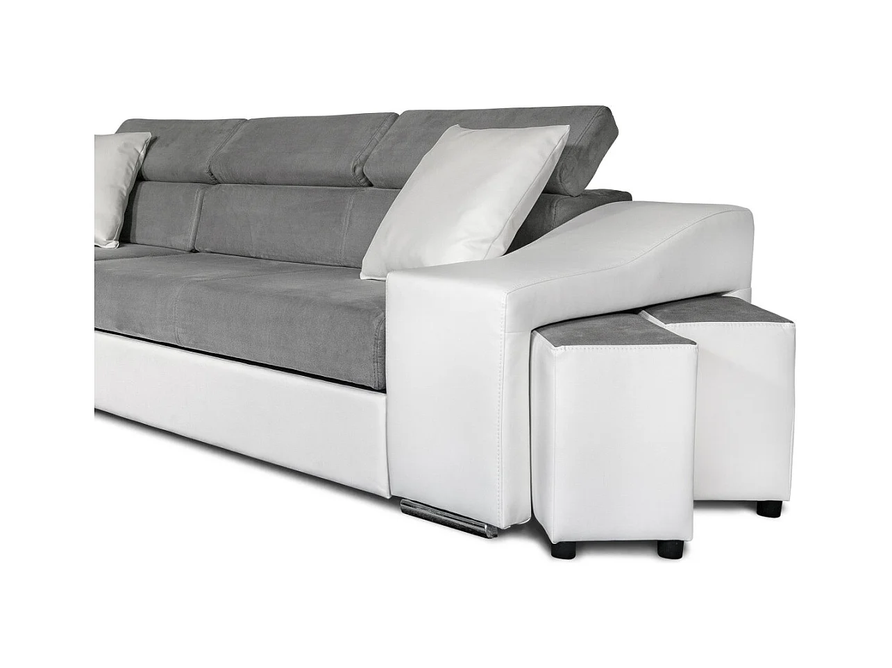 Canapé d'angle Elona convertible bi-matière Blanc et Gris avec poufs de rangement à droite - L264 x P162 x H75cm - Loungitude