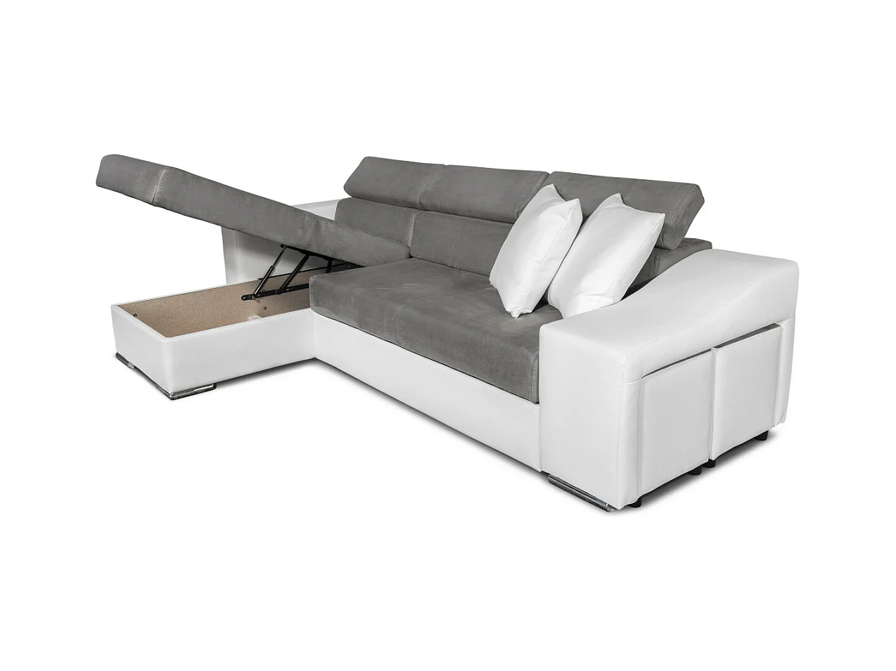 Canapé d'angle Elona convertible bi-matière Blanc et Gris avec poufs de rangement à droite - L264 x P162 x H75cm - Loungitude