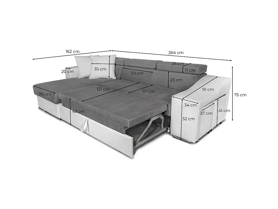 Canapé d'angle Elona convertible bi-matière Blanc et Gris avec poufs de rangement à droite - L264 x P162 x H75cm - Loungitude