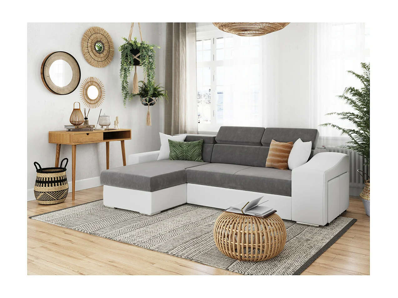 Canapé d'angle Elona convertible bi-matière Blanc et Gris avec poufs de rangement à droite - L264 x P162 x H75cm - Loungitude