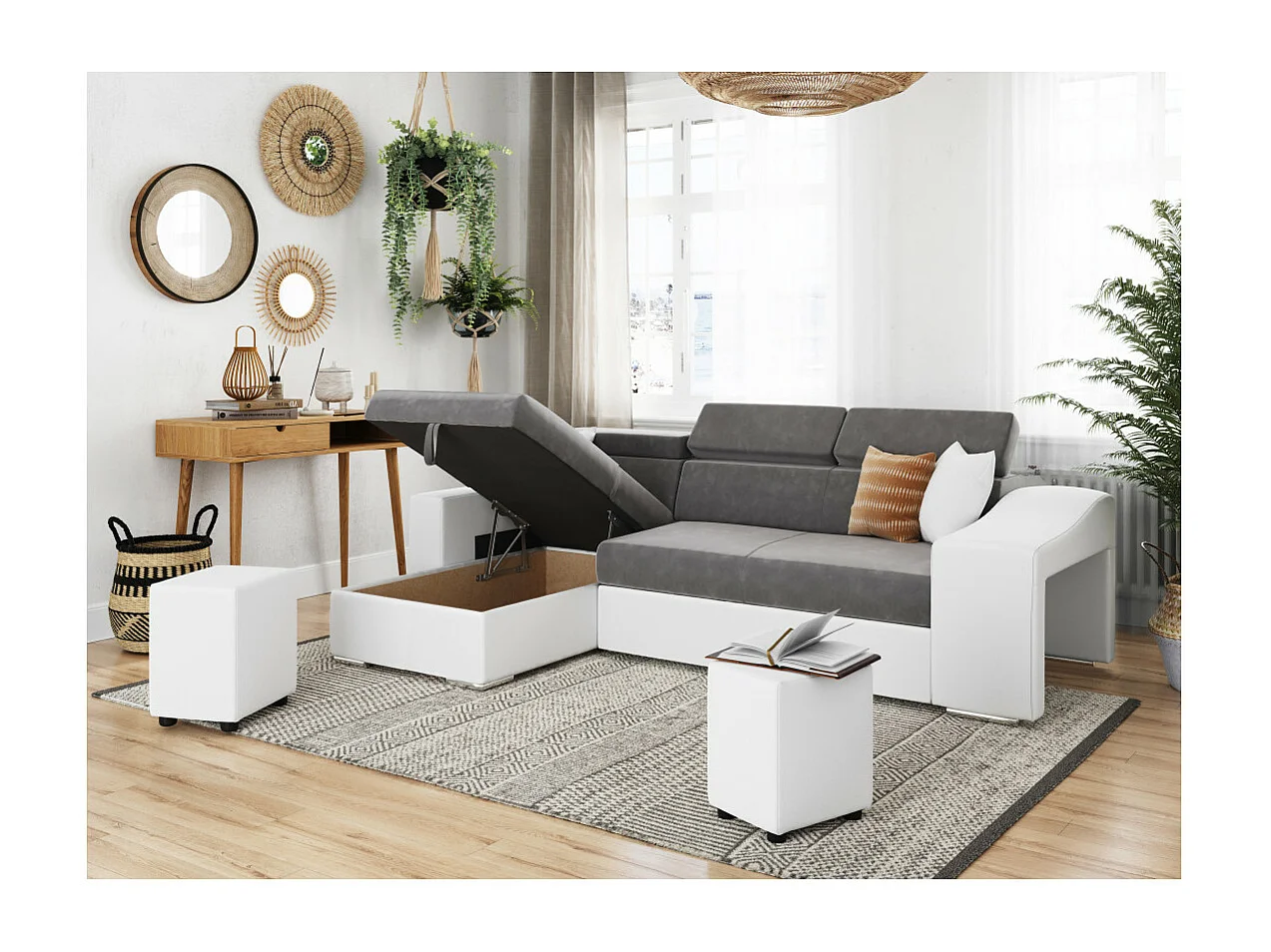 Canapé d'angle Elona convertible bi-matière Blanc et Gris avec poufs de rangement à droite - L264 x P162 x H75cm - Loungitude