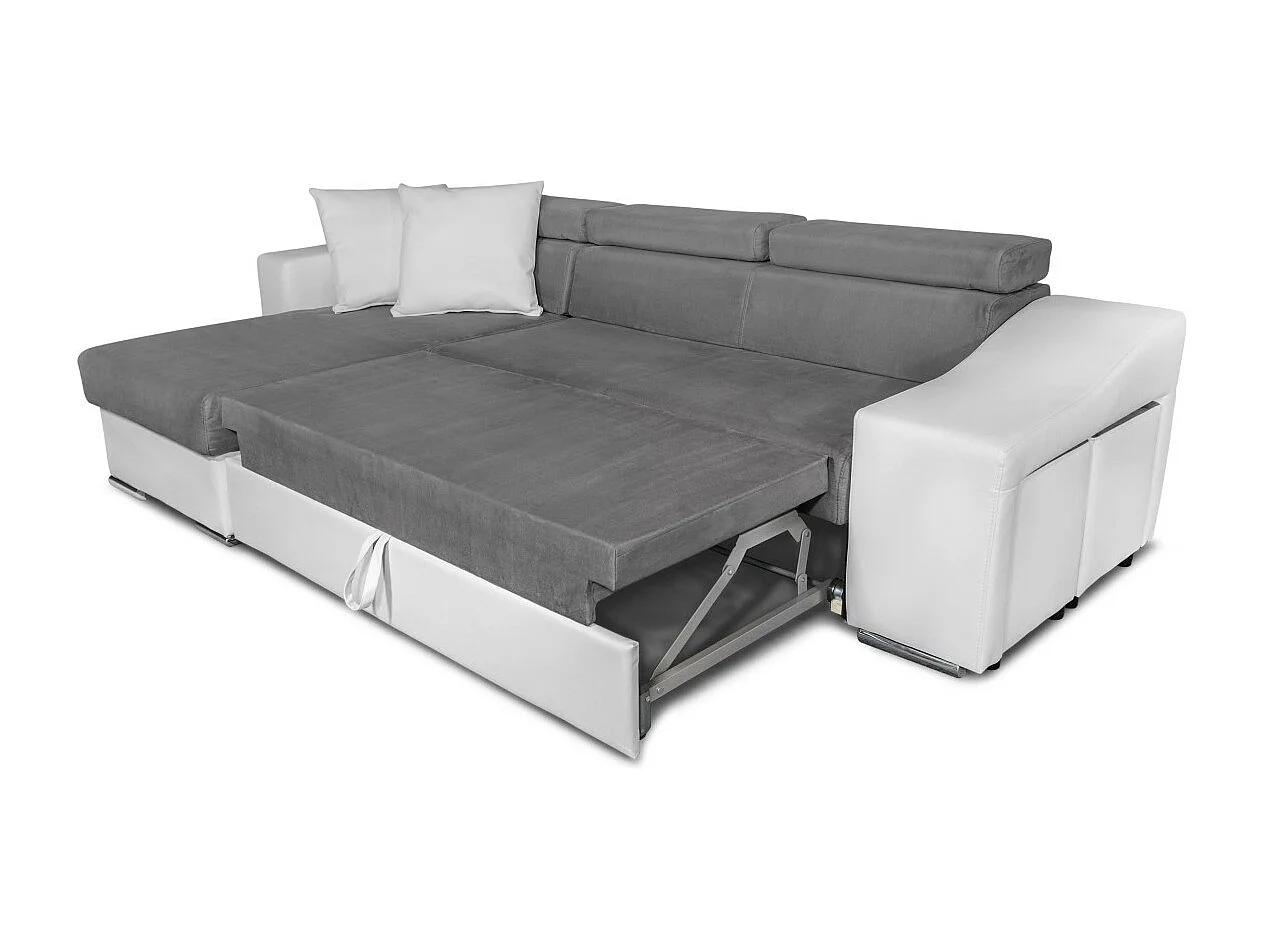 Canapé d'angle Elona convertible bi-matière Blanc et Gris avec poufs de rangement à droite - L264 x P162 x H75cm - Loungitude