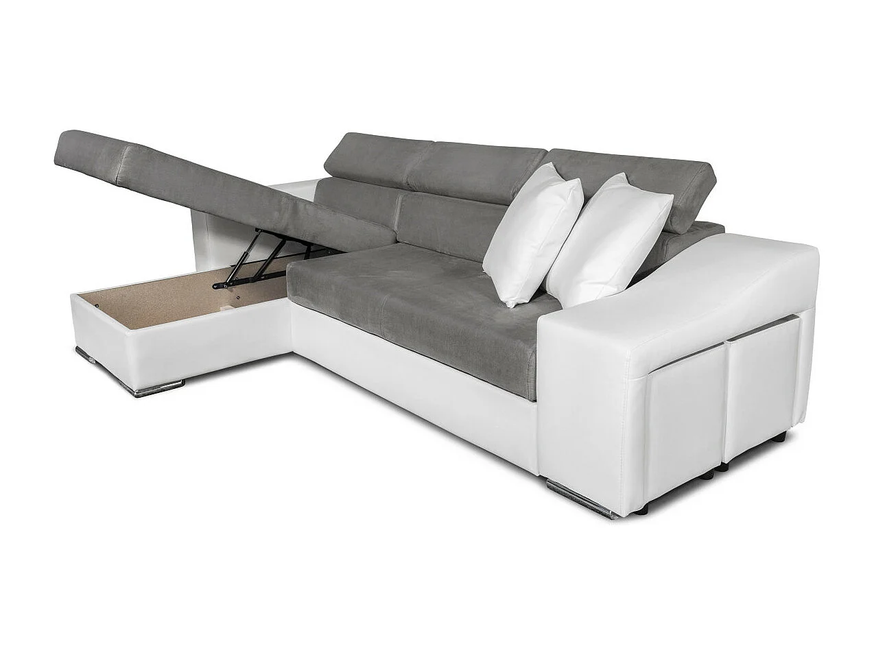 Canapé d'angle Elona convertible bi-matière Blanc et Gris avec poufs de rangement à droite - L264 x P162 x H75cm - Loungitude