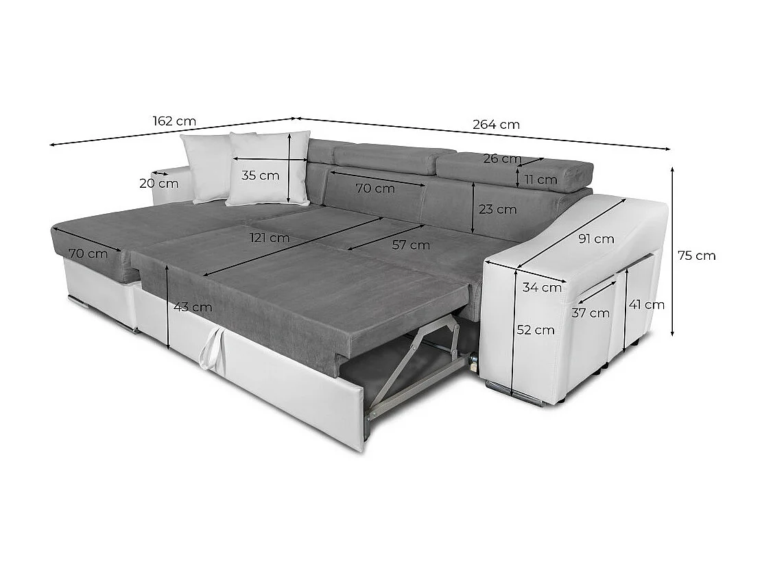 Canapé d'angle Elona convertible bi-matière Blanc et Gris avec poufs de rangement à droite - L264 x P162 x H75cm - Loungitude