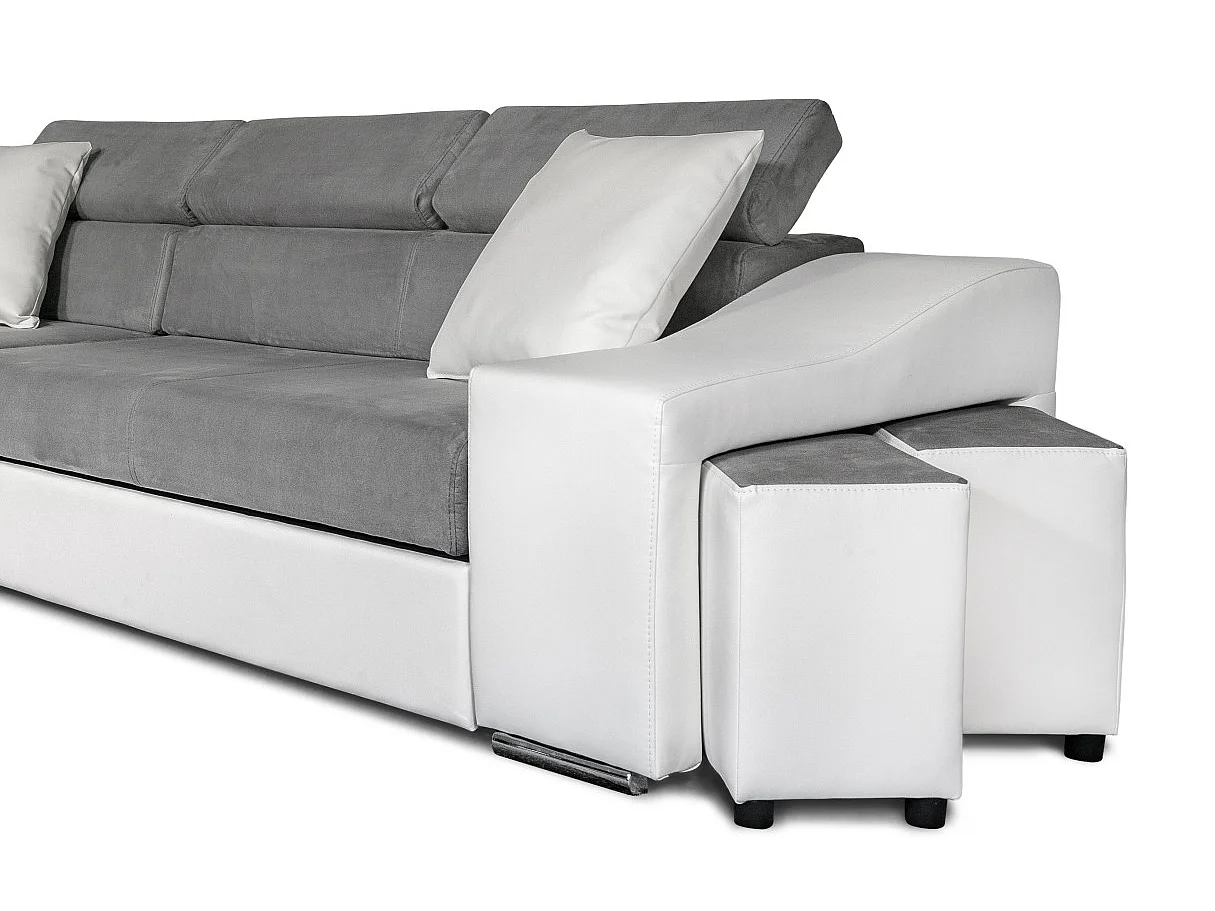 Canapé d'angle Elona convertible bi-matière Blanc et Gris avec poufs de rangement à droite - L264 x P162 x H75cm - Loungitude