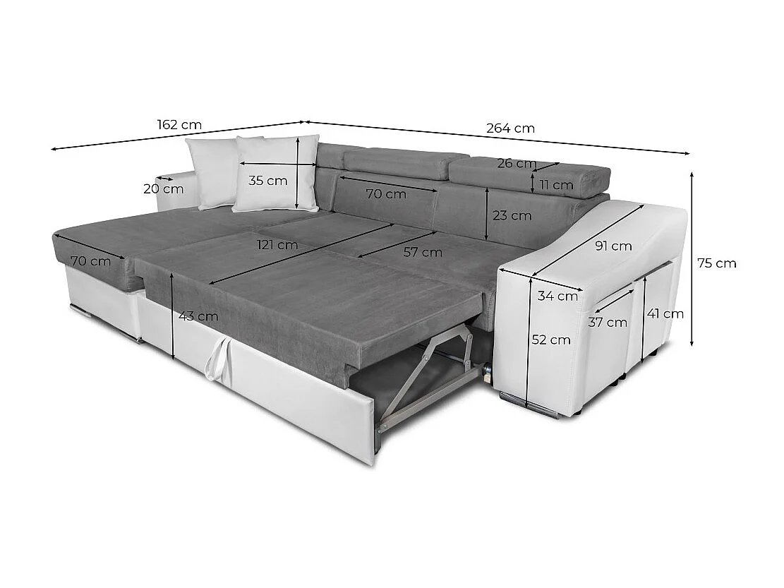 Canapé d'angle Elona convertible bi-matière Blanc et Gris avec poufs de rangement à droite - L264 x P162 x H75cm - Loungitude
