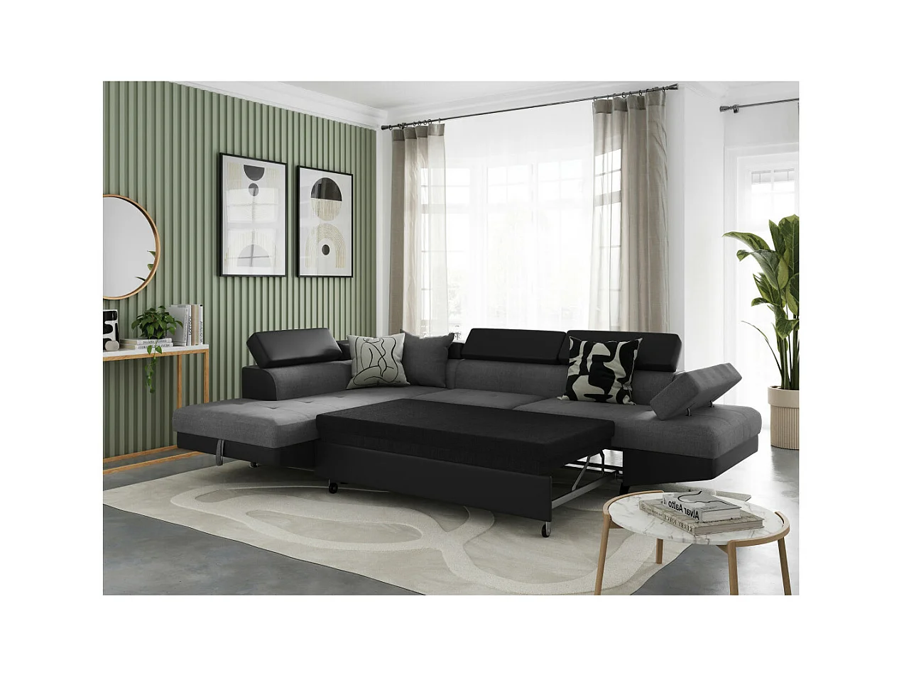 Canapé d'angle gauche 5 places Rio Convertible avec coffre en tissu et simili - Gris/Noir - L271 x P192 x H70cm - Loungitude