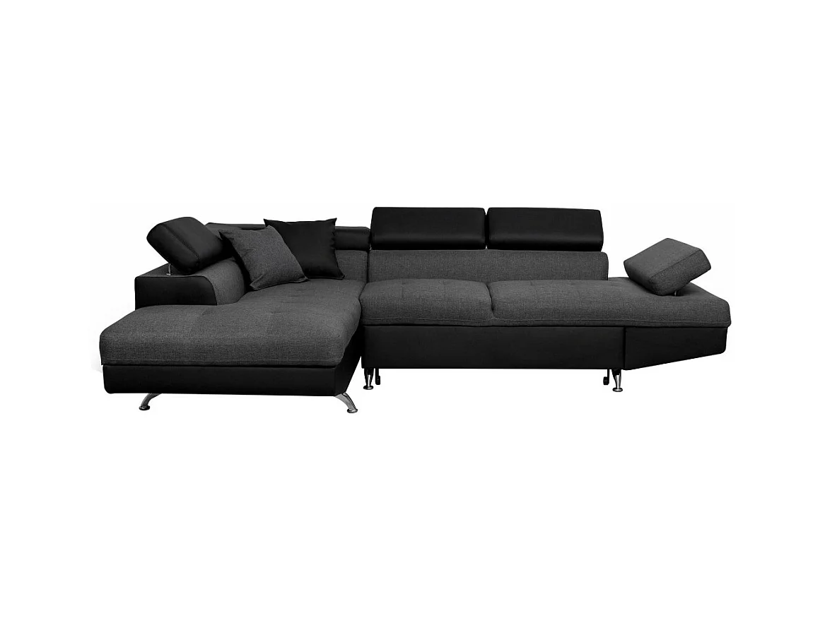 Canapé d'angle gauche 5 places Rio Convertible avec coffre en tissu et simili - Gris/Noir - L271 x P192 x H70cm - Loungitude